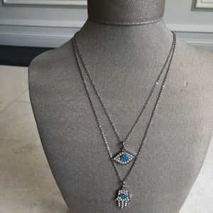 Evil eye sterling silver double chain necklace